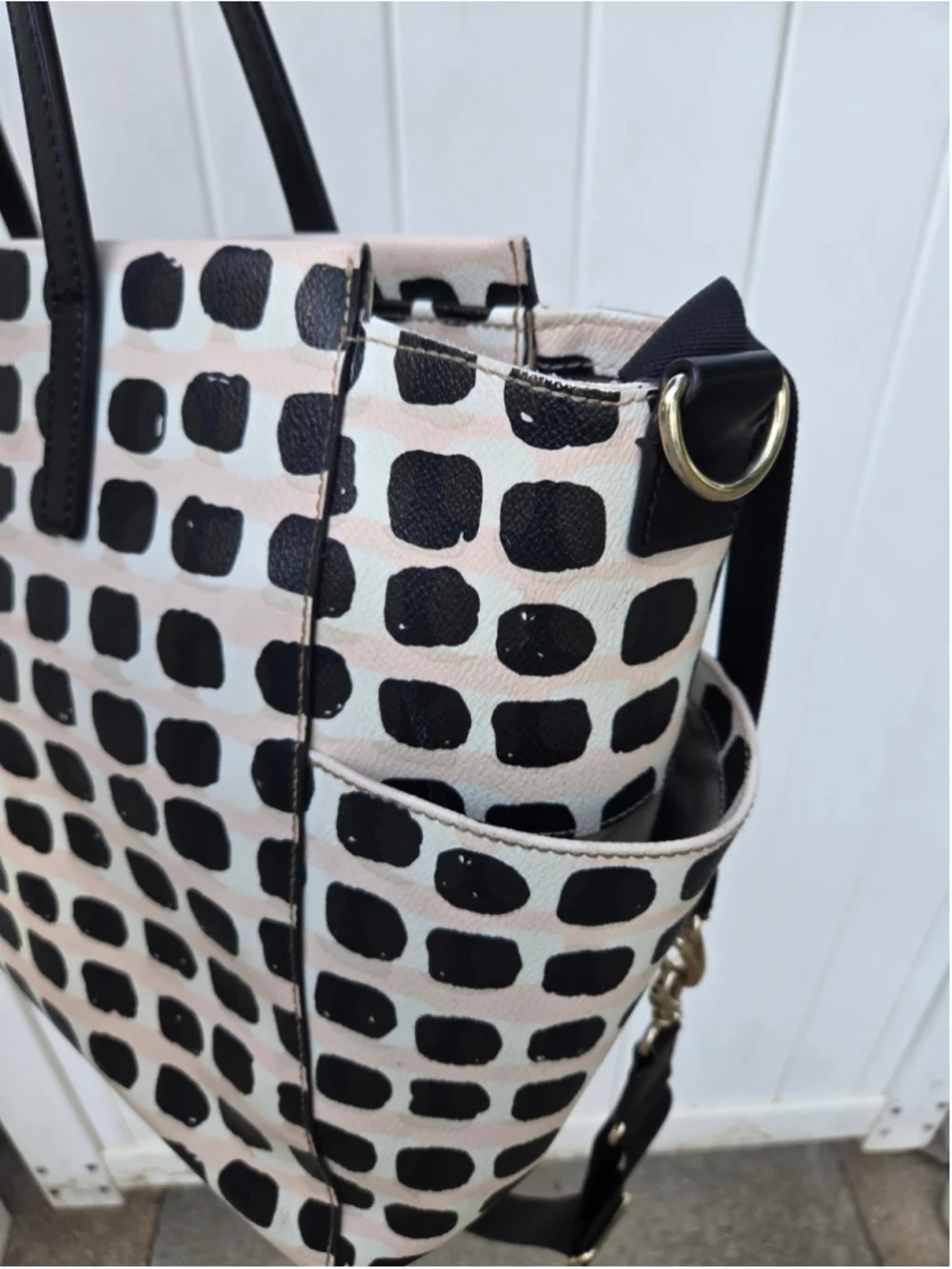 Kate Spade Large Dot Print Tote Bag Black Cream Nylon Crossbody Shoulder Bag